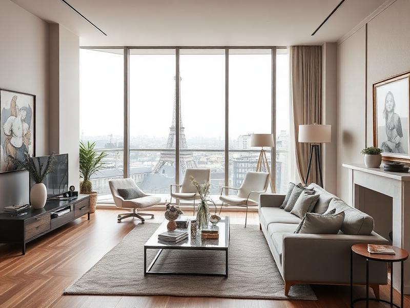 Intérieur moderne appartement neuf Paris - salon spacieux avec terrasse