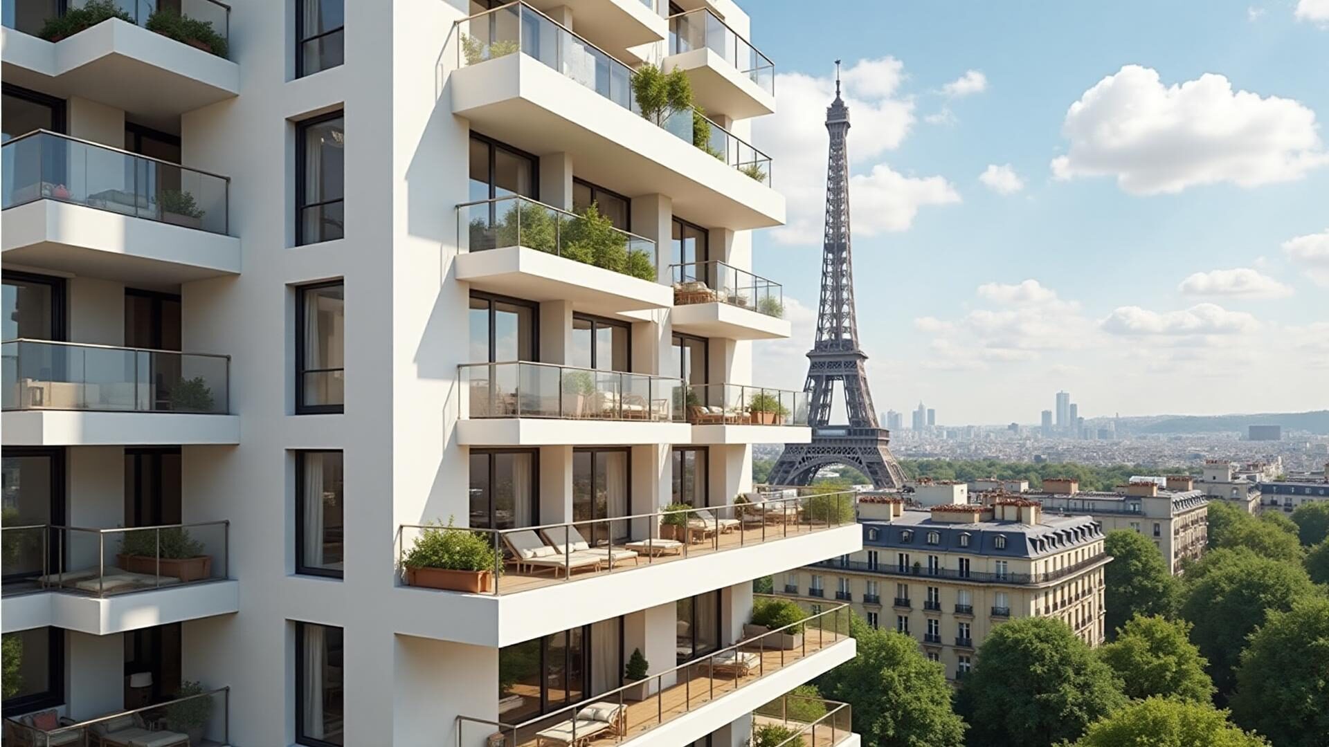 Vue d'un immeuble parisien moderne avec terrasses
